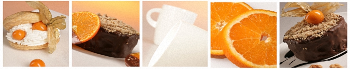 Скинали на кухню в оранжевых тонах. Апельсин, шоколад, квадраты.