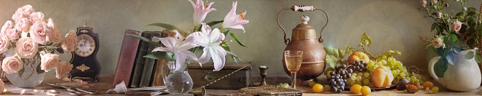 Скинали. Натюрморт. Цветы - розы и лилии, виноград, кувшин, бокал, старинный чайник.