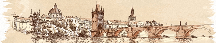 Скинали. Город и мост над рекой. Рисунок в бежевых тонах.