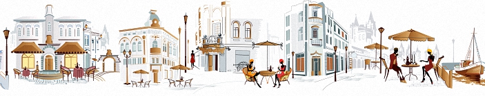 Скинали. Улицы города, люди в кафе. Стилизовано под рисунок.